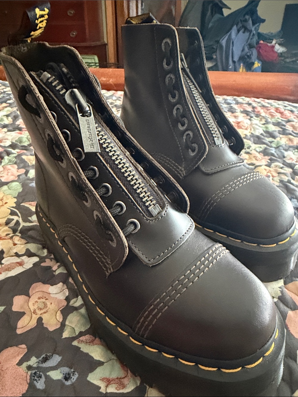 Dr. Martens Black Leather Platform Ankle Boots with Yellow Stitching